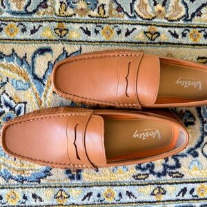 Vostey Tan Leather Slip-On Loafers with Penny Slot